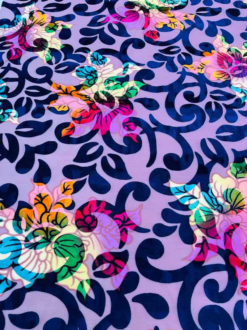 Burnout Floral Velvet Fabric - Navy Blue / Lilac - MultiColor Floral Print Velvet Fabric By Yard