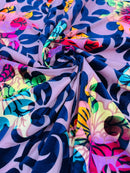 Burnout Floral Velvet Fabric - Navy Blue / Lilac - MultiColor Floral Print Velvet Fabric By Yard