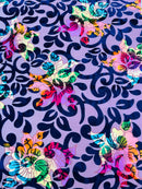 Burnout Floral Velvet Fabric - Navy Blue / Lilac - MultiColor Floral Print Velvet Fabric By Yard
