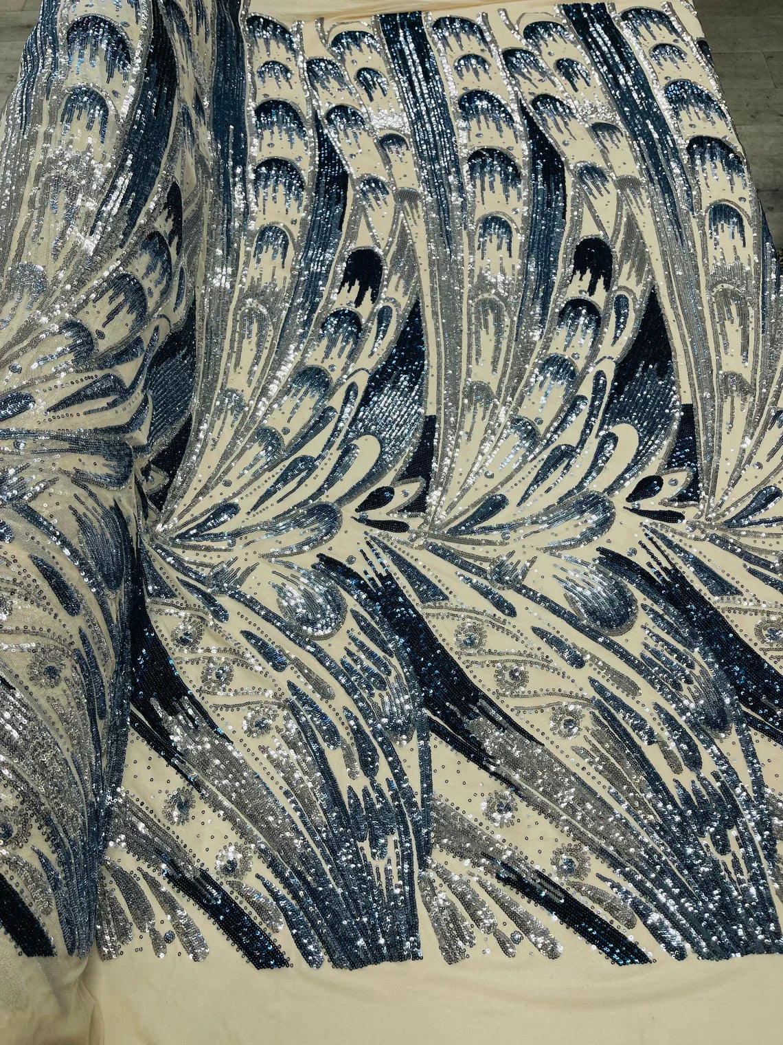 Multi-Color Sequins Design - Navy Blue / Silver - 4 Way Stretch Sequins Fabric By The Yard