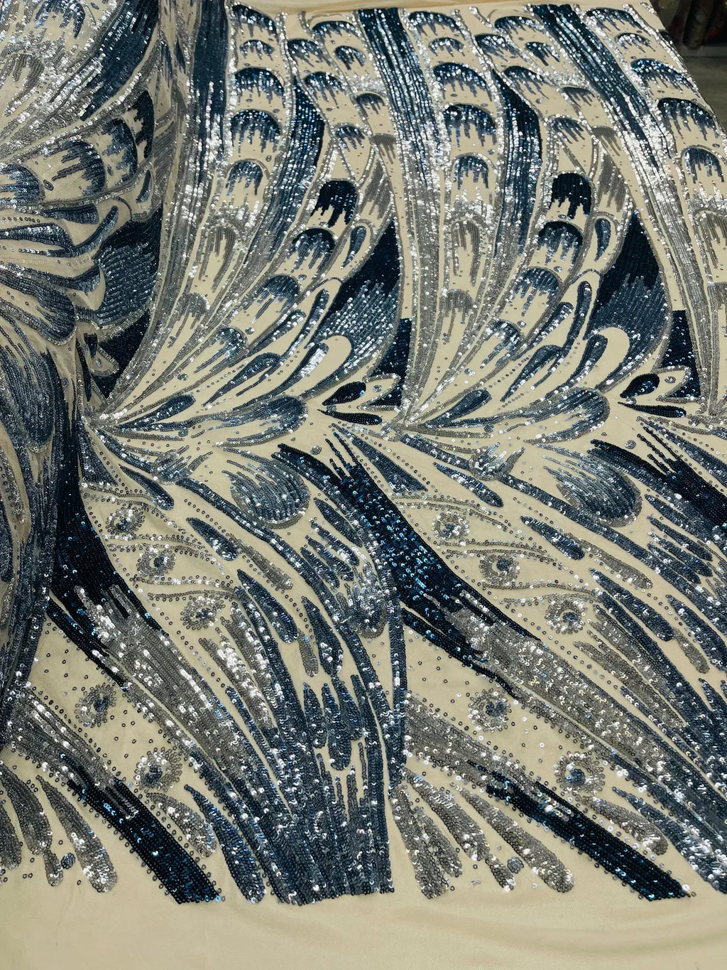 Multi-Color Sequins Design - Navy Blue / Silver - 4 Way Stretch Sequins Fabric By The Yard