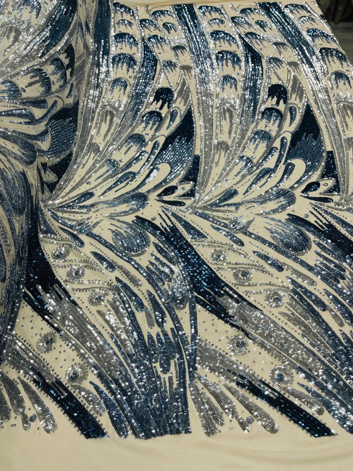 Multi-Color Sequins Design - Navy Blue / Silver - 4 Way Stretch Sequins Fabric By The Yard