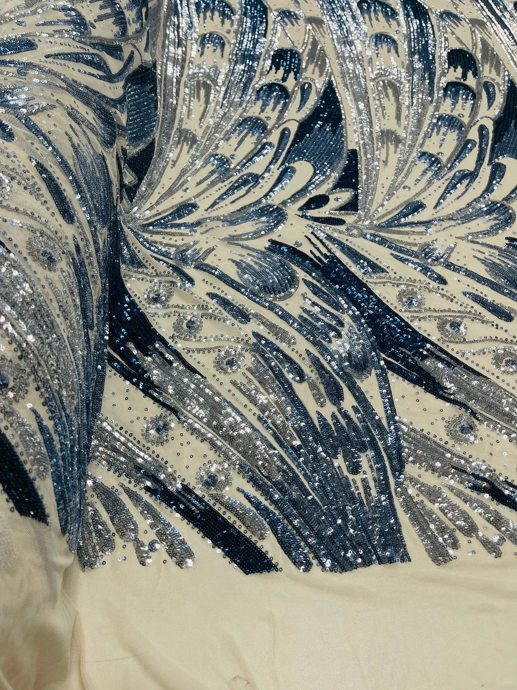 Multi-Color Sequins Design - Navy Blue / Silver - 4 Way Stretch Sequins Fabric By The Yard