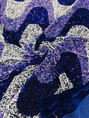 Wavy Line Velvet Sequins - Navy / White / Lilac - 2 Way Stretch Fabric 58/60” By Yard