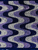 Wavy Line Velvet Sequins - Navy / White / Lilac - 2 Way Stretch Fabric 58/60” By Yard