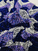 Wavy Line Velvet Sequins - Navy / White / Lilac - 2 Way Stretch Fabric 58/60” By Yard