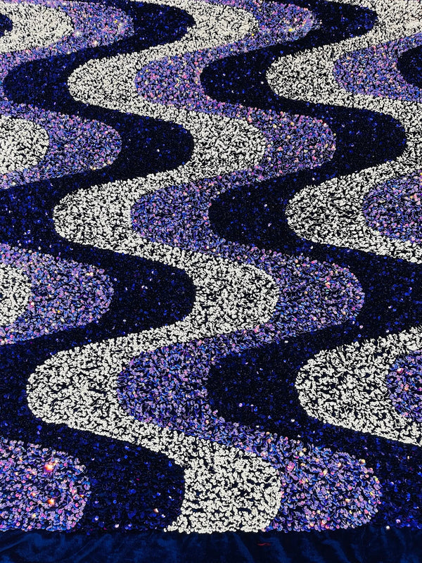 Wavy Line Velvet Sequins - Navy / White / Lilac - 2 Way Stretch Fabric 58/60” By Yard