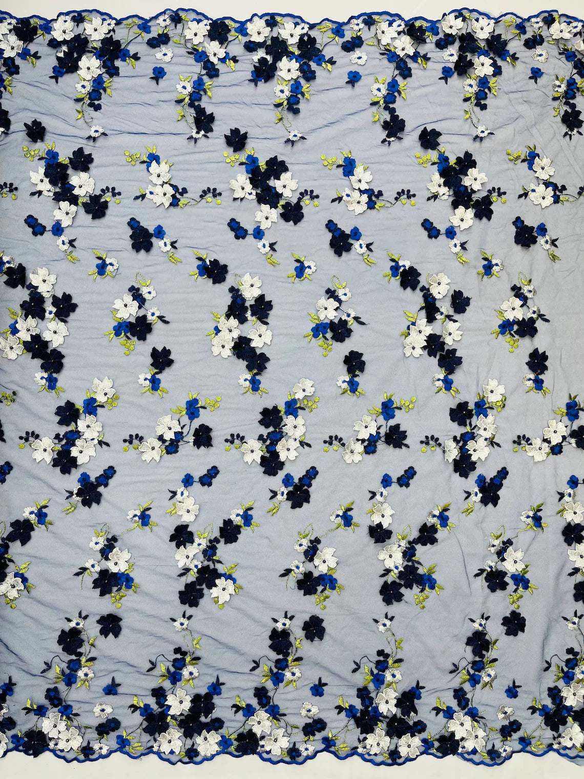 Multi-Color 3D Flower Fabric - Navy/White - Multi-Tone 3D Flower Lace Fabrics Sold By Yard