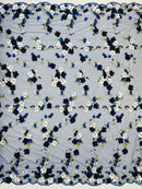 Multi-Color 3D Flower Fabric - Navy/White - Multi-Tone 3D Flower Lace Fabrics Sold By Yard