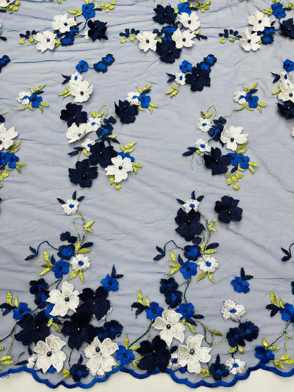 Multi-Color 3D Flower Fabric - Navy/White - Multi-Tone 3D Flower Lace Fabrics Sold By Yard