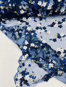 Multi-Color 3D Flower Fabric - Navy/White - Multi-Tone 3D Flower Lace Fabrics Sold By Yard