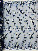 Multi-Color 3D Flower Fabric - Navy/White - Multi-Tone 3D Flower Lace Fabrics Sold By Yard