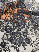 3D Rose Chunky Glitter Fabric - Navy Blue - Rose Floral Design Glitter on Tulle Fabric Sold by Yard