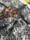 3D Rose Chunky Glitter Fabric - Navy Blue - Rose Floral Design Glitter on Tulle Fabric Sold by Yard