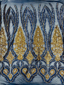 Damask Palm Leaf Design - Navy Blue / Gold - 4 Way Stretch Sequin Fabric on a Spandex Mesh By Yard