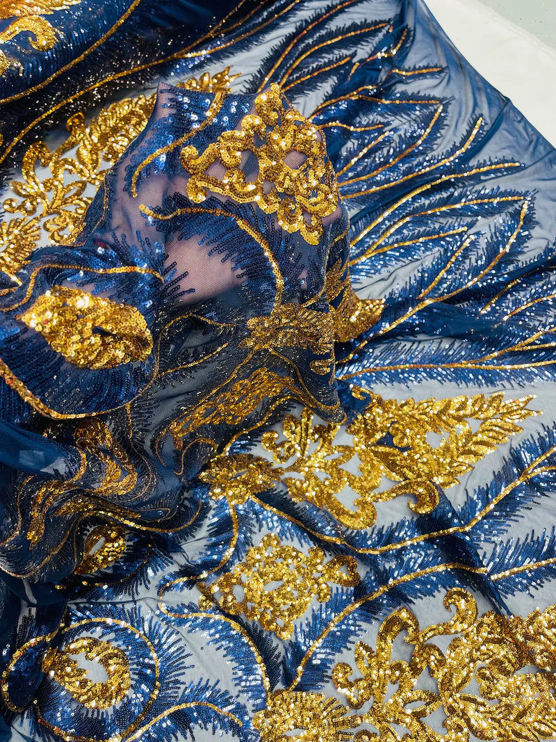 Damask Palm Leaf Design - Navy Blue / Gold - 4 Way Stretch Sequin Fabric on a Spandex Mesh By Yard