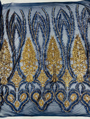 Damask Palm Leaf Design - Navy Blue / Gold - 4 Way Stretch Sequin Fabric on a Spandex Mesh By Yard
