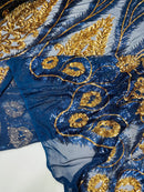 Damask Palm Leaf Design - Navy Blue / Gold - 4 Way Stretch Sequin Fabric on a Spandex Mesh By Yard