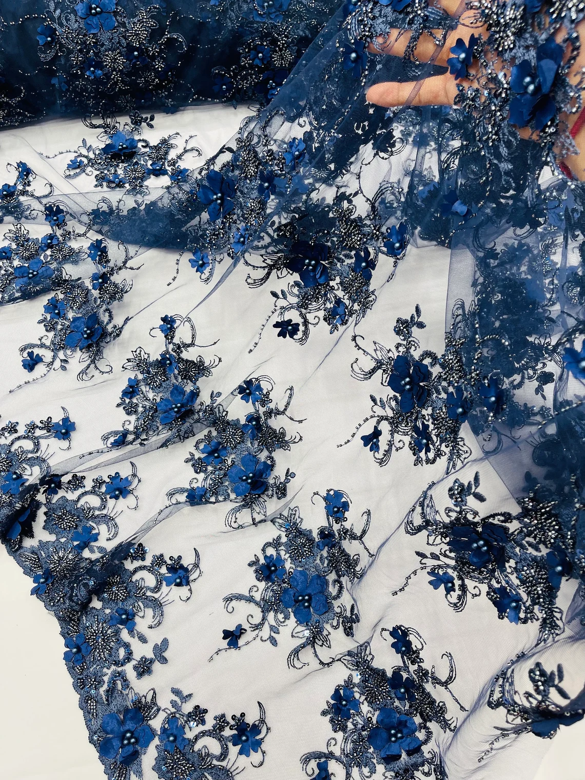 3D Flower Sequins Design - Navy Blue - Embroidered Pearl Sequins Floral Clusters Lace Fabric By Yard