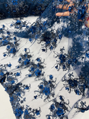 3D Flower Sequins Design - Navy Blue - Embroidered Pearl Sequins Floral Clusters Lace Fabric By Yard