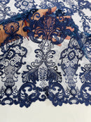 King Lace Pattern Fabric - Navy Blue - Embroidered Sequins on Lace Mesh Fabric By Yard
