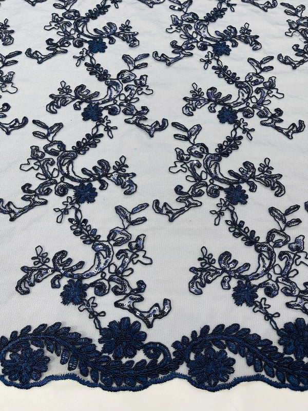 Floral Sequins Lace Fabric - Navy Blue - Embroidery Flower Clusters Design with Shiny Sequins  Fabric Sold By Yard