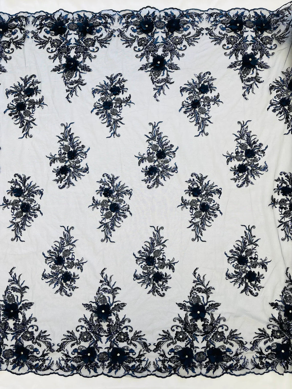 3D Floral Rhinestone Fabric - Navy Blue - Beaded Flower Clusters with Rhinestones and Sequins By Yard