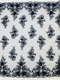 3D Floral Rhinestone Fabric - Navy Blue - Beaded Flower Clusters with Rhinestones and Sequins By Yard