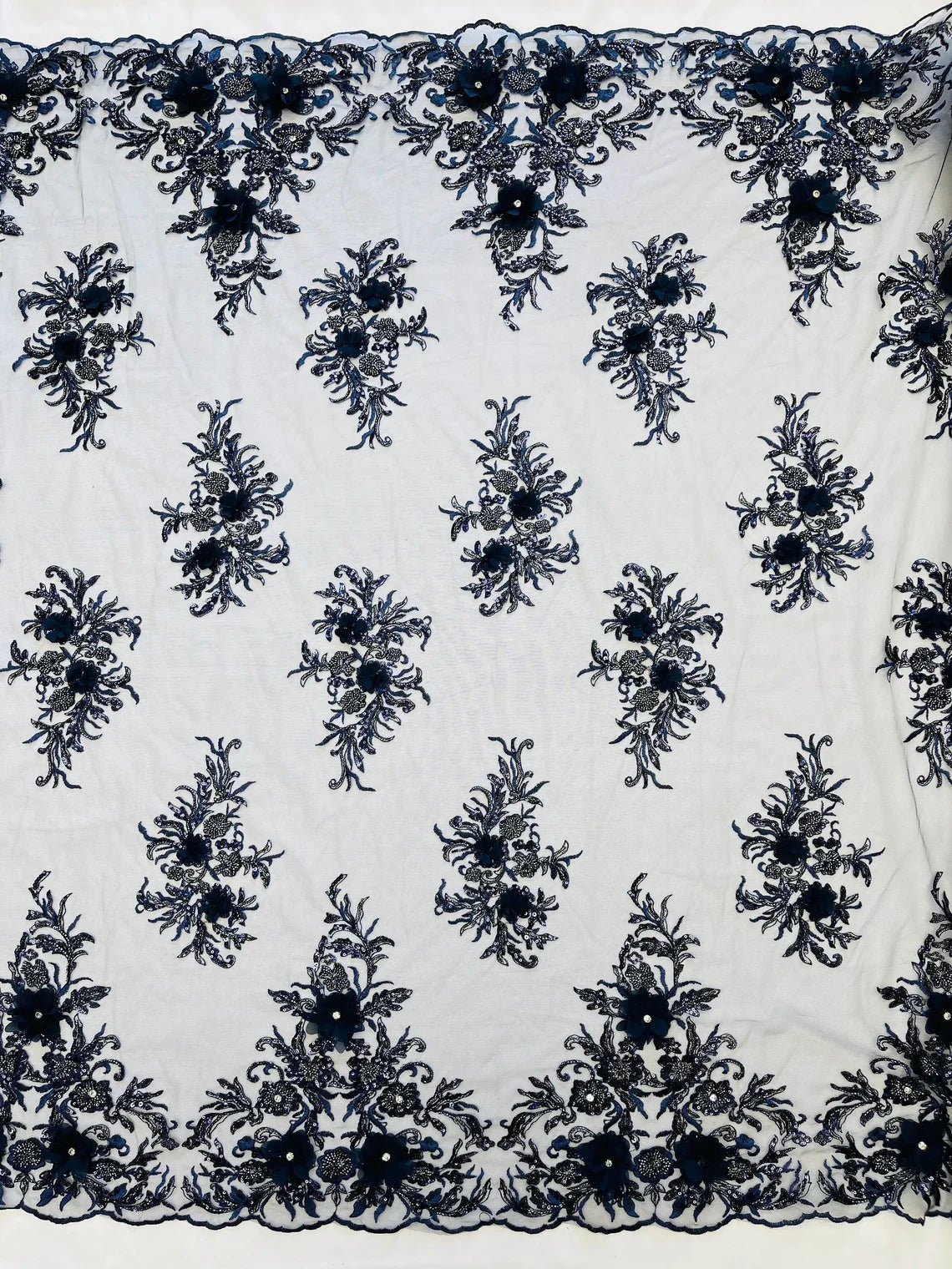 3D Floral Rhinestone Fabric - Navy Blue - Beaded Flower Clusters with Rhinestones and Sequins By Yard