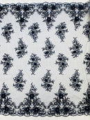 3D Floral Rhinestone Fabric - Navy Blue - Beaded Flower Clusters with Rhinestones and Sequins By Yard