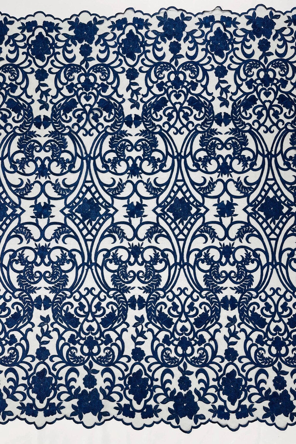 Fancy Damask Lace Fabric - Navy Blue - Embroidered Damask Design Mesh on Lace Fabric by Yard