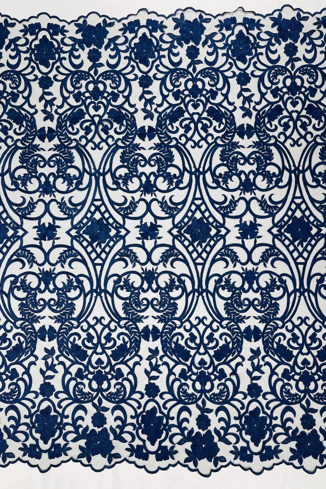 Fancy Damask Lace Fabric - Navy Blue - Embroidered Damask Design Mesh on Lace Fabric by Yard