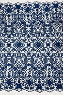 Fancy Damask Lace Fabric - Navy Blue - Embroidered Damask Design Mesh on Lace Fabric by Yard