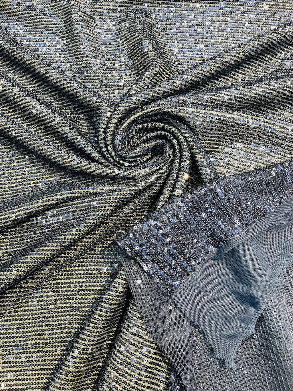 Mille Striped Stretch Sequins - Navy Blue - 4 Way Stretch Spandex Sequins Striped Fabric By The Yard