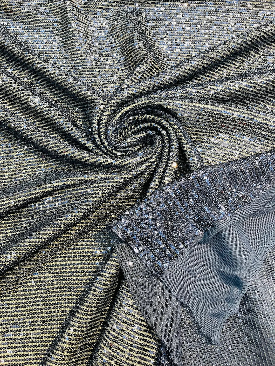 Mille Striped Stretch Sequins - Navy Blue - 4 Way Stretch Spandex Sequins Striped Fabric By The Yard