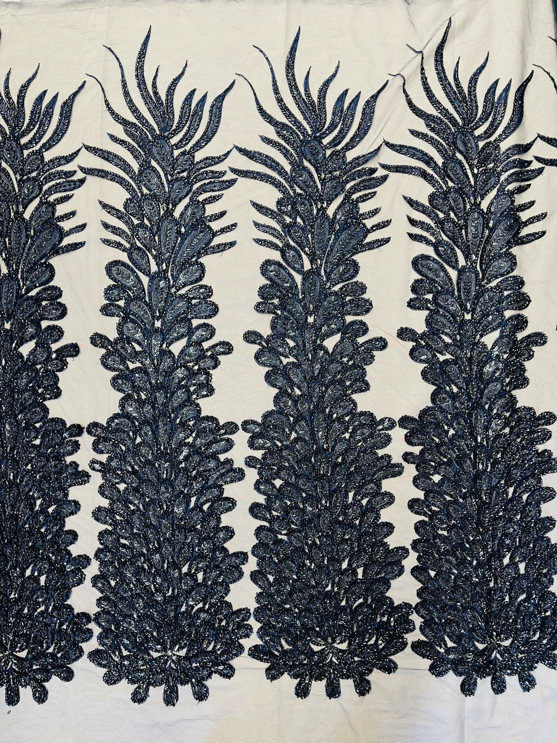 3D Beaded Peacock Feathers - Vegas Design Embroidered Sequins and Beads On a Mesh Lace Fabric - 15 Yard Roll