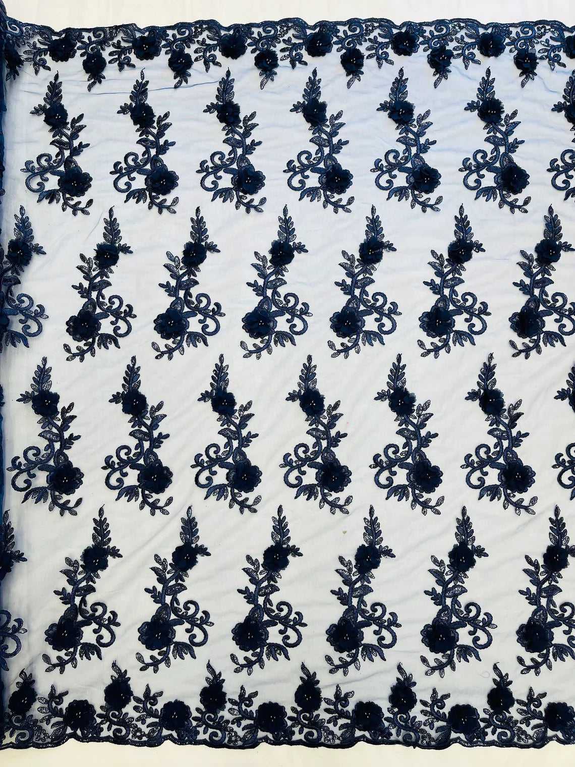 3D Flower Cluster Fabric - Navy Blue - 3D Flower Leaf Design Fabric with Pearls Sold By Yard