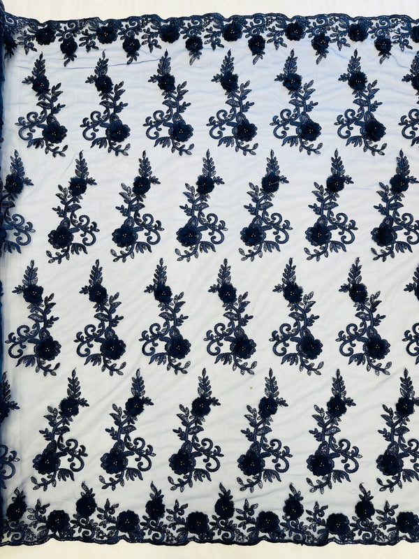 3D Flower Cluster Fabric - Navy Blue - 3D Flower Leaf Design Fabric with Pearls Sold By Yard
