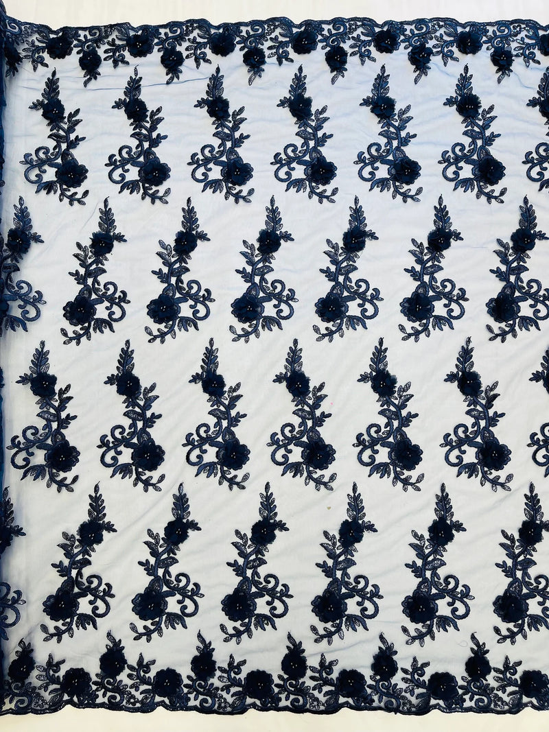 3D Flower Cluster Fabric - Navy Blue - 3D Flower Leaf Design Fabric with Pearls Sold By Yard
