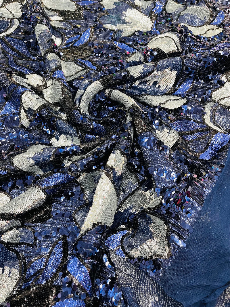 Orchid Design Sequins - Navy Blue - 4 Way Stretch Full Sequins Floral Design Mesh Fabric By Yard