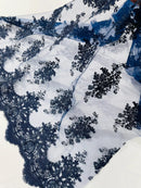 Floral Damask Lace Fabric - Navy Blue - Embroidered Damask Flowers on Lace Fabric By Yard