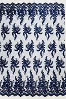 Long Leaf Designs Lace Fabric - Navy Blue - Embroidered Braid Leaf Pattern on Lace Mesh Fabric By Yard
