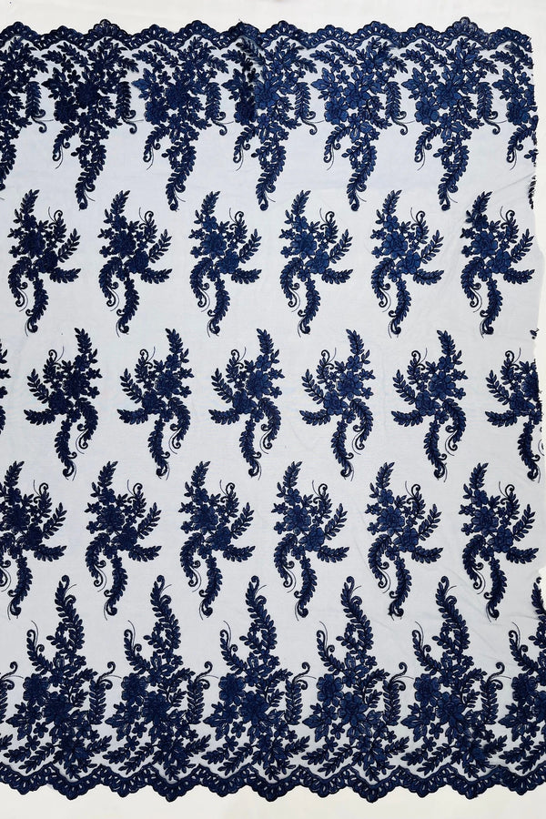 Long Leaf Designs Lace Fabric - Navy Blue - Embroidered Braid Leaf Pattern on Lace Mesh Fabric By Yard