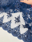 Beaded Floral Fabric - Navy Blue - Floral Cluster Design Fabric with Damask Border by Yard