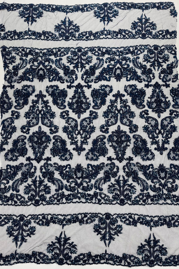 Beaded My Lady Damask Design - Navy Blue - Beaded Fancy Damask Embroidered Fabric By Yard