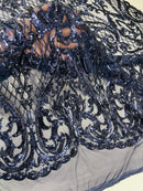 Heart Damask Sequins - Navy Blue - 4 Way Stretch Sequins Fabric By Yard