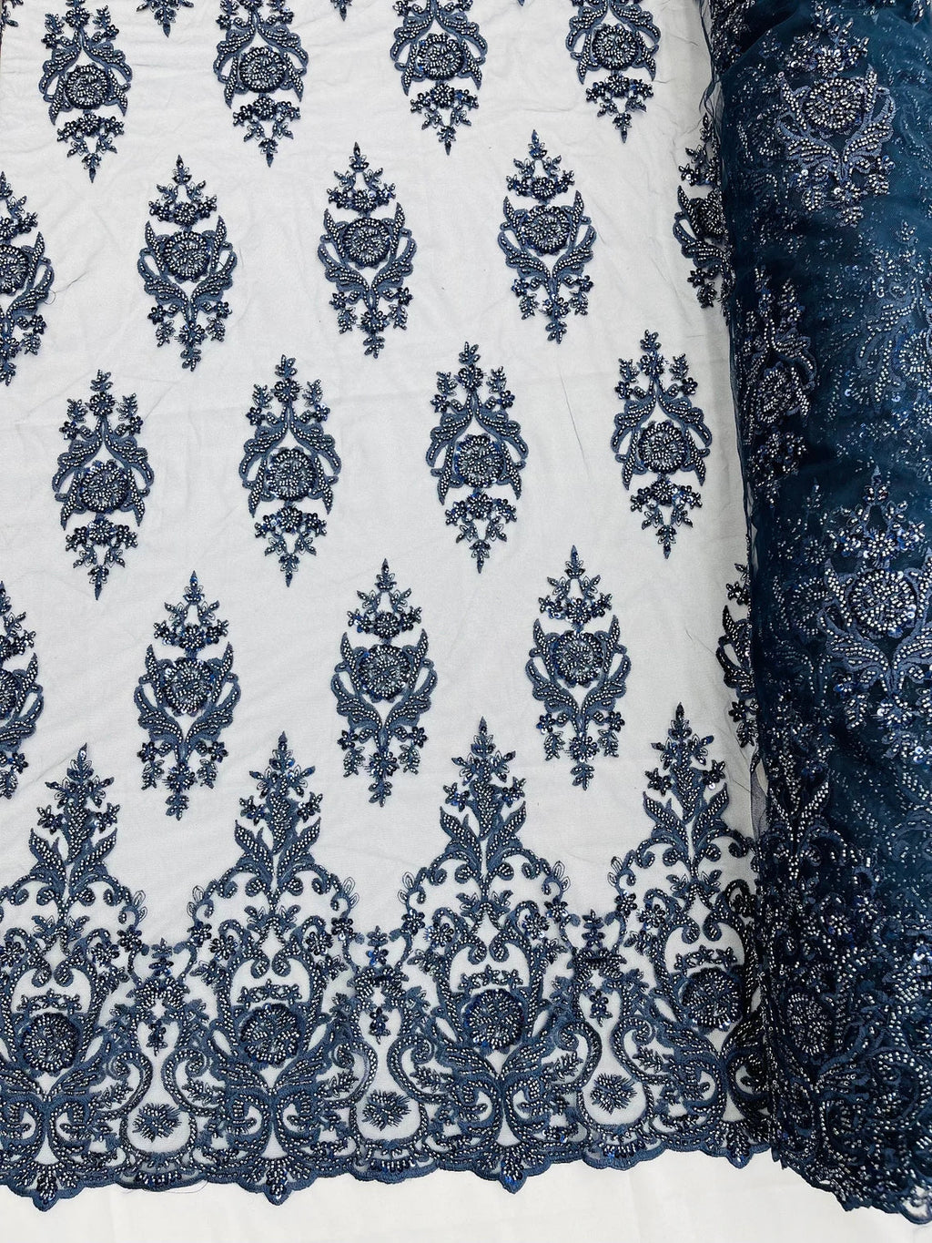 Floral Bead Embroidery Fabric - Navy Blue - Damask Floral Bead Bridal Lace Fabric by the yard