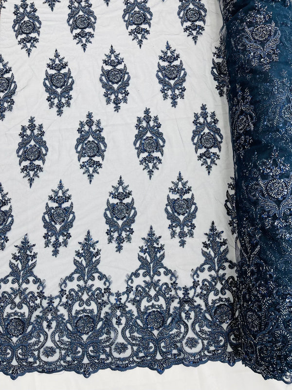 Floral Bead Embroidery Fabric - Navy Blue - Damask Floral Bead Bridal Lace Fabric by the yard