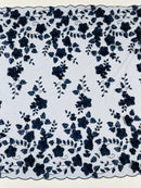 3D Floral Pearl Fabric - Navy Blue - Embroidered Floral Pearl Fabric Double Border On Mesh By Yard