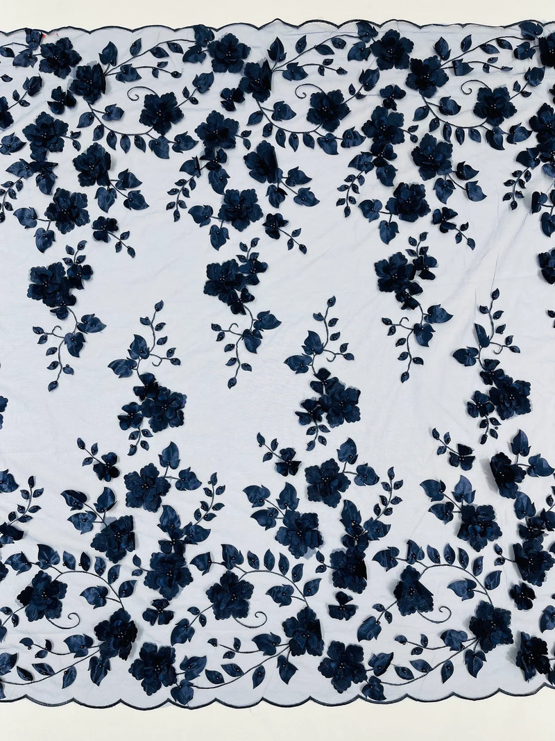 3D Floral Pearl Fabric - Navy Blue - Embroidered Floral Pearl Fabric Double Border On Mesh By Yard